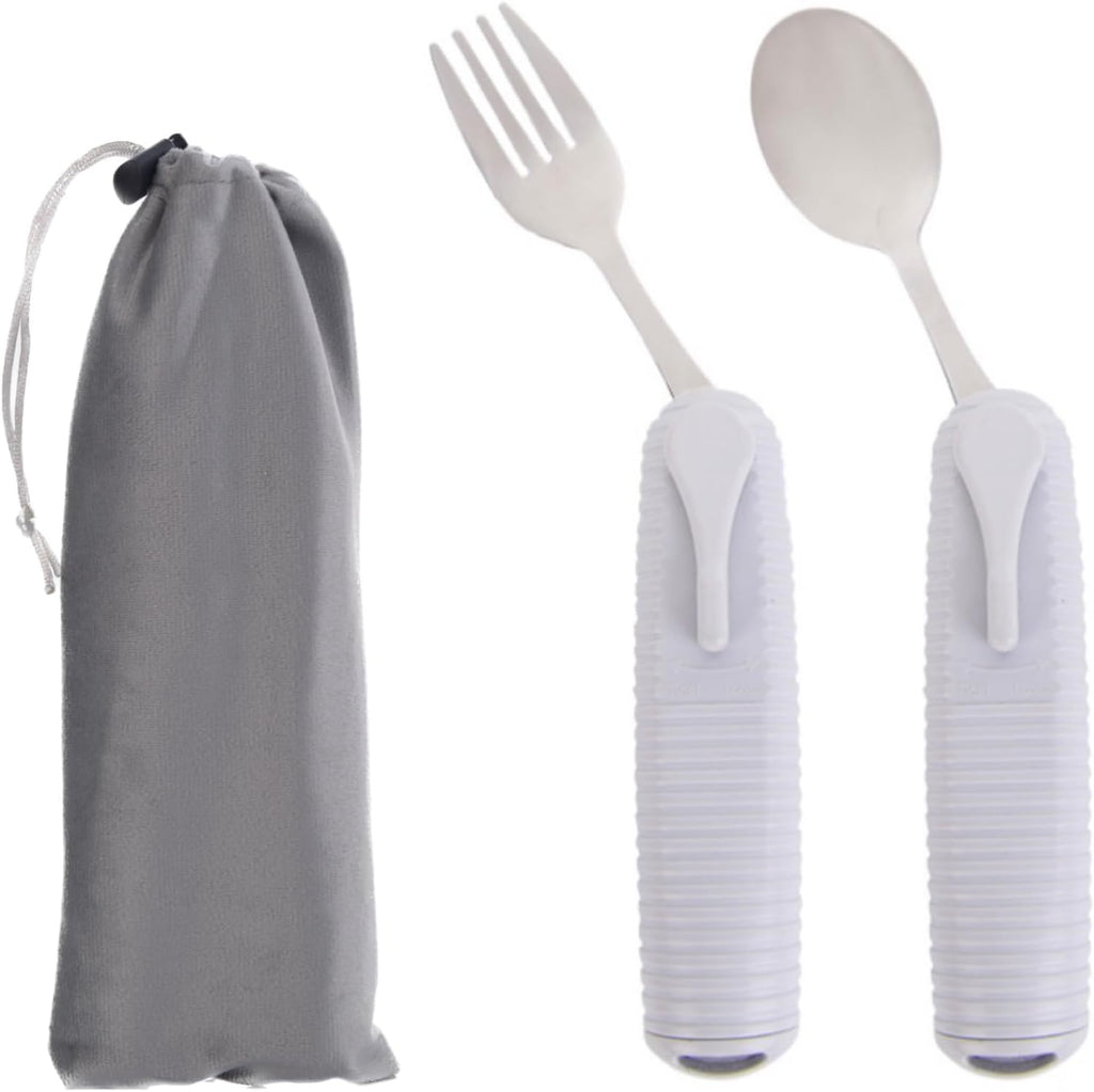 Pekokavo Adaptive Utensils Set, Angle Adjustable Arthritis Aid Silverware for Parkinsons, Hand Tremors, with Non-Slip Easy Grip Handle (2 Count (Spoon + Fork))