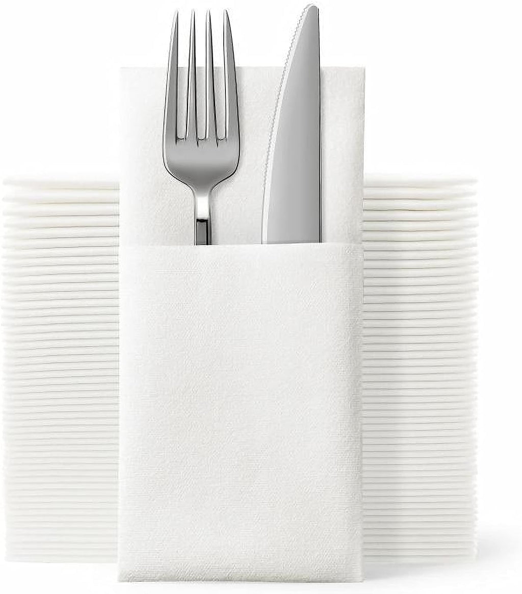 JEBBLAS Disposable Cloth Like Napkins, Built-in Flatware Pocket, Wedding Party Linen Feel White Napkin, Prefolded for Silverware,150 Count (150 Pack)