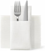 JEBBLAS Disposable Cloth Like Napkins, Built-in Flatware Pocket, Wedding Party Linen Feel White Napkin, Prefolded for Silverware,150 Count (150 Pack)