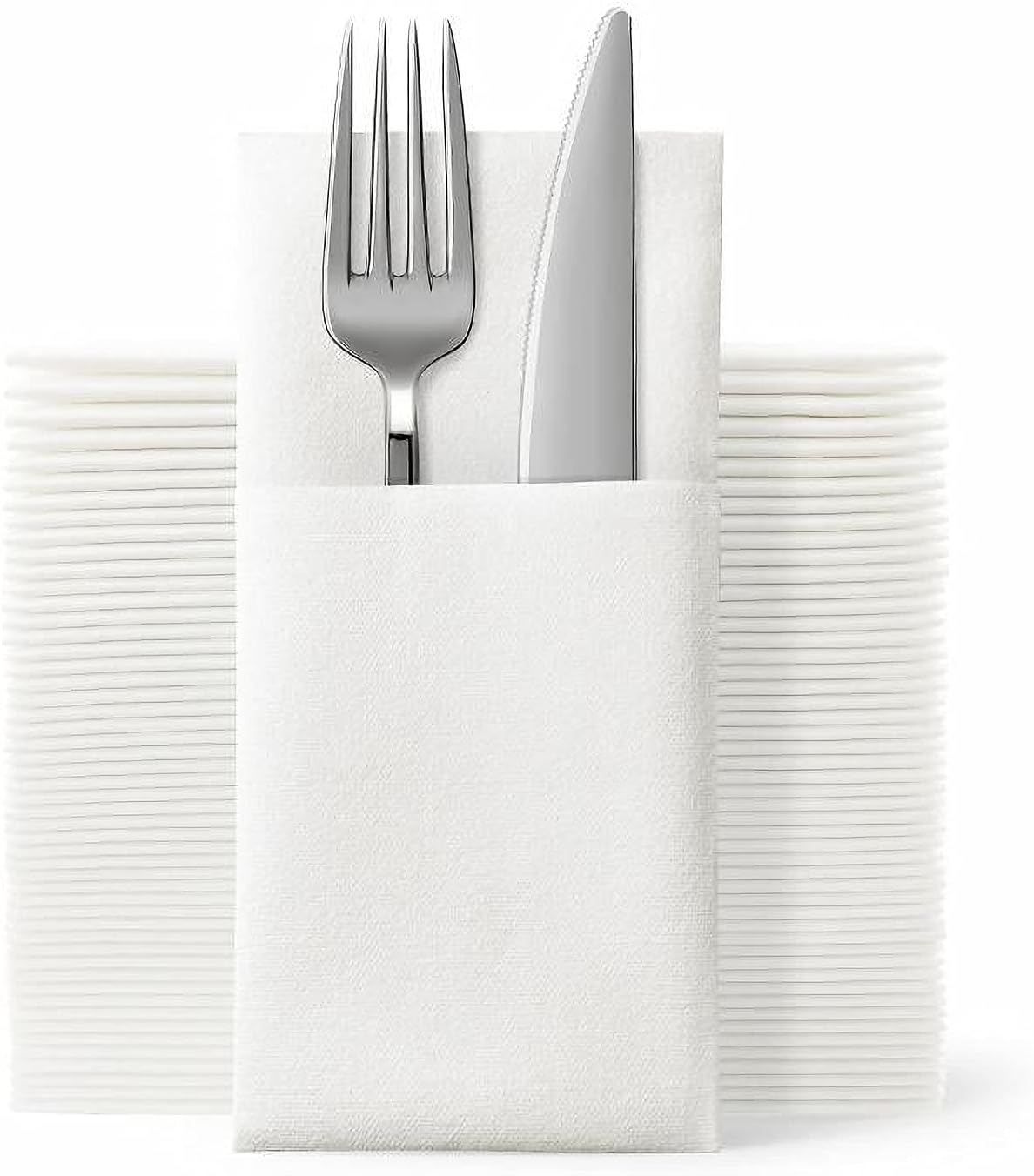 JEBBLAS Disposable Cloth Like Napkins, Built-in Flatware Pocket, Wedding Party Linen Feel White Napkin, Prefolded for Silverware,150 Count (150 Pack)