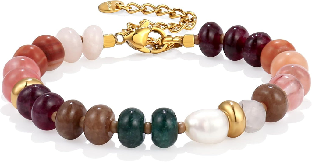 Gemstone Beaded Bracelet for Women Colorful Natural Stone Freshwater Pearl Surfer Beach Rainbow Bracelet Jewelry Gift