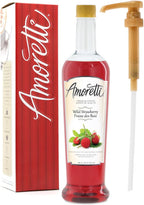 Amoretti - Premium Wild Strawberry Syrup, 94 Servings Per Bottle (750 ml), with Pump for Flavoring Coffees, Cocktails, and other Beverages, Gluten Free, GMO/GEO Free, Preservative Free
