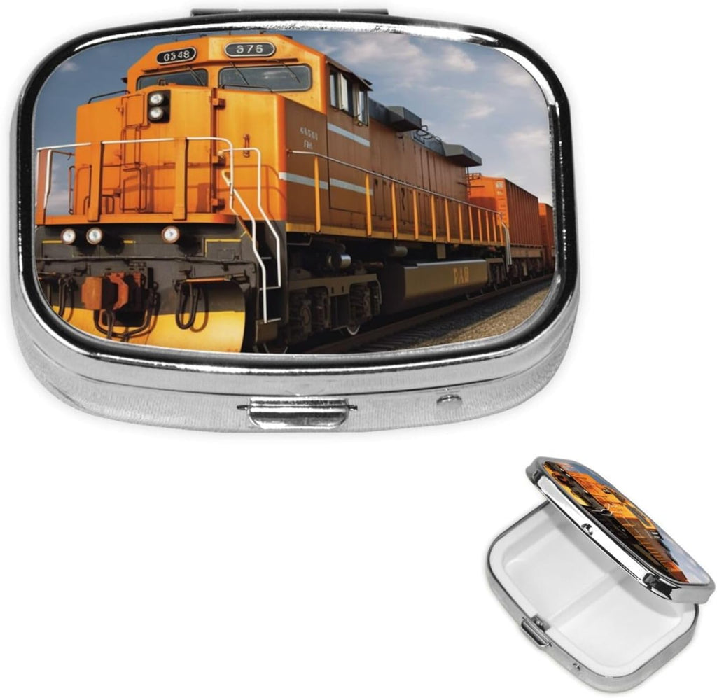 Freight Train Pill Box 2 Compartment Medicine Pill Organizer Square Pill Case for Purse & Pocket Travel Pillbox Portable Metal Medicine Vitamin Fish Oil Organizer Unique Gift
