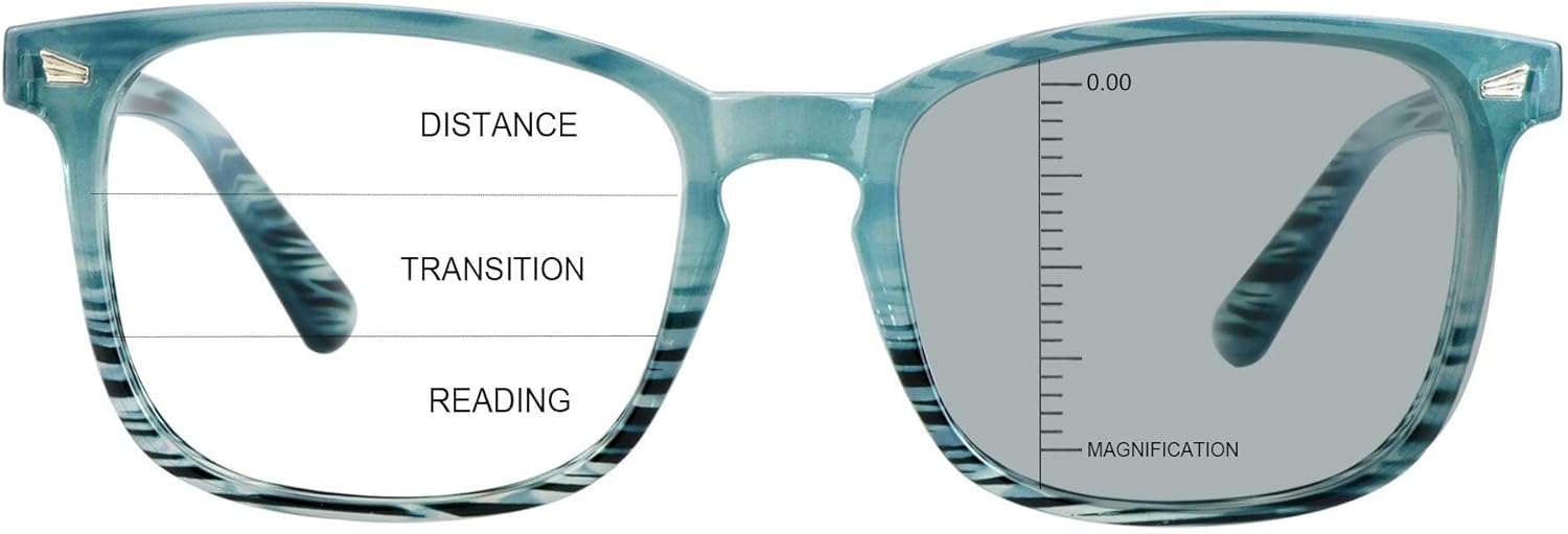 Vintage Square Progressive Multifocal Presbyopic Glasses, Photochromic Gray Sunglasses for Men Women Readers (Slate Blue,+0.00/+2.00 Magnification)