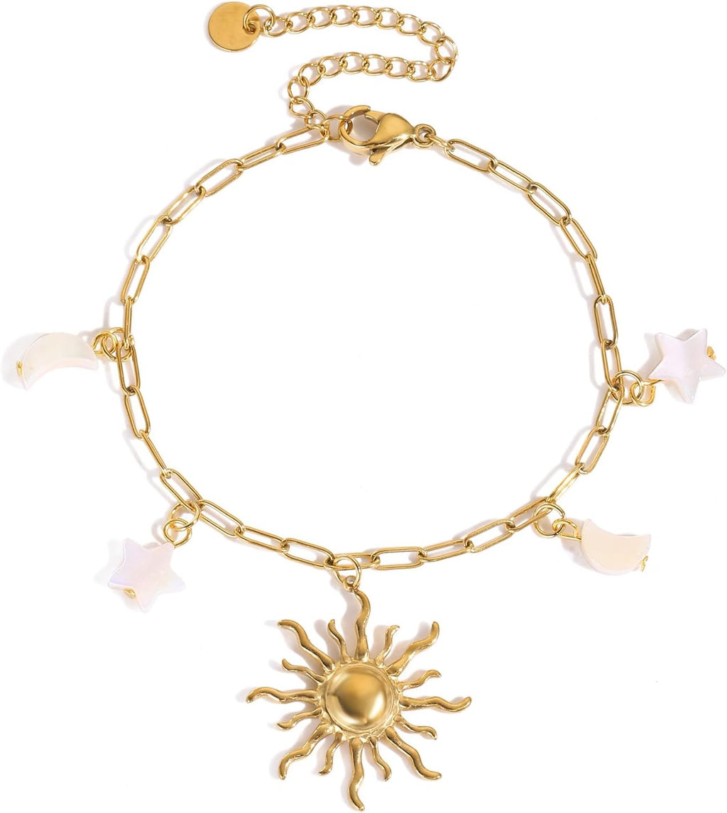 Sun and Moon Star Stainless Steel Bracelets for Women Bohemian Gold Charm Adjustable Paperclip Chain Bracelet for Summer Beach Party Holiday Vacation Jewelry Gift