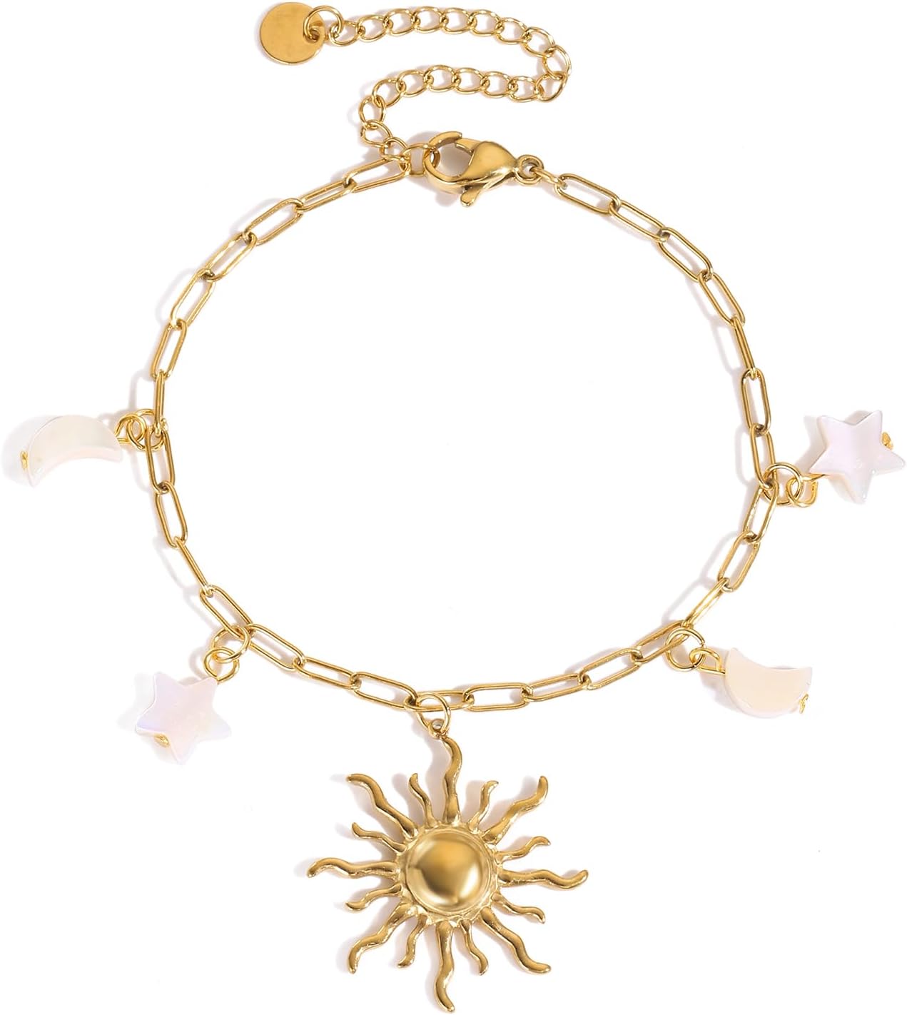 Sun and Moon Star Stainless Steel Bracelets for Women Bohemian Gold Charm Adjustable Paperclip Chain Bracelet for Summer Beach Party Holiday Vacation Jewelry Gift