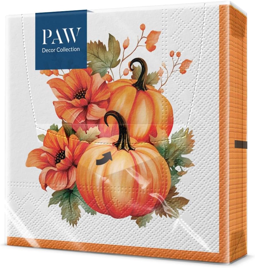 PAW - Paper Napkins (33 x 33 cm) I Pack of 20 3-Ply Paper Napkins I Disposable Napkins - Autumn, Pumpkins, Flowers I Pattern: Pumpkin Composition