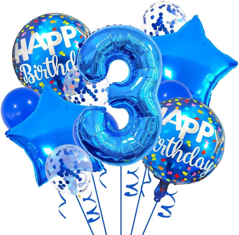 3rd Birthday Large Foil Balloons Blue， Balloon Decorations for 3rd Birthday Party Boys，Boys 2nd Birthday Party Decorations Supplies (Blue 3)