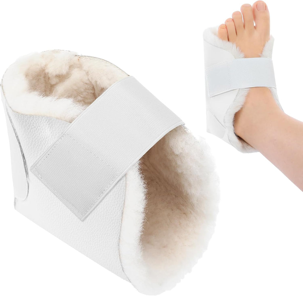1 Pcs Heel Protector for Pressure Sores Boot Sheepskin Heel Pad Soft Foot Cushions Pad Adjustable Foot Pillows with Securing Strap for Protect Feet Ankle Pressure Bed Sores(Creamy White)