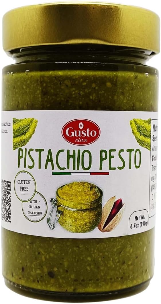 GUSTO ETNA Sicilian Pistachio Pesto, Paste, Unsweetened, 6.7 oz (190g), Salty Pistachio Pesto, Great as toppoing or Pasta sauce, Made in Bronte Siciliy, Product of Italy, Non GMO