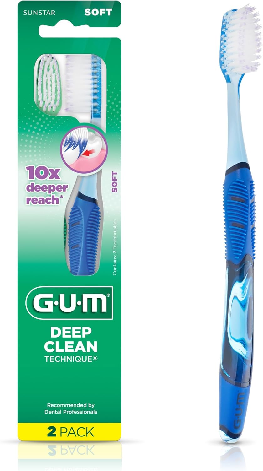 GUM Deep Clean Technique Toothbrush - Full Head - Soft Toothbrushes for Adults with Sensitive Gums - Ultra Fine Tapered Bristles, 2 Count