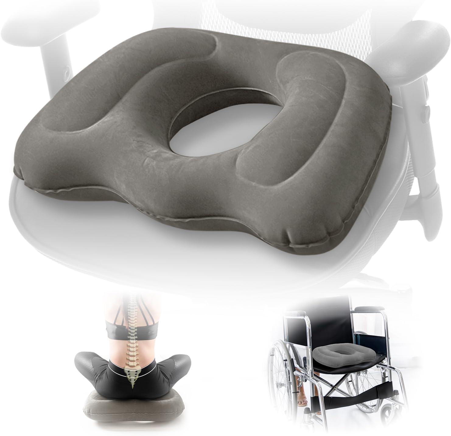 Inflatable Donut Seat Cushion for Tailbone Pain Relief – Coccyx Pillow for Office Chair, Car, Wheelchair & Post Surgery Comfort – Ergonomic Orthopedic Support Pillow for Home & Travel
