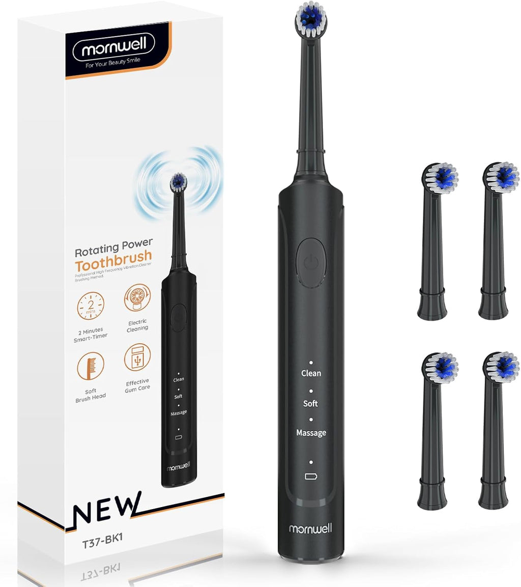 mornwell Electric Toothbrush USB Fast Charging 3 Modes Rotary Toothbrushes Rechargeable Spin Toothbrushes with 4 Round Brush Heads for Adults & Kids (Over 8 Years Old)