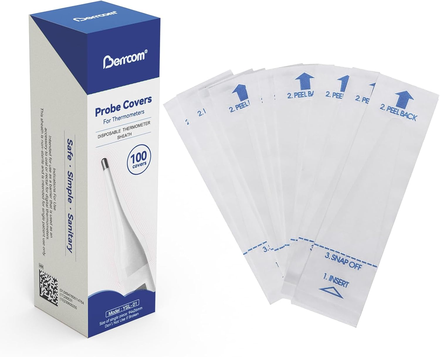 Berrcom Disposable Digital Thermometers Probe Covers Set of 100 Oral Rectal Thermometer Probe Cover Universal Thermometers Sleeves for Adult and Kids