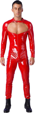 Men's Wet Look PVC Leather Front Zipper Long Sleeves Catsuit Bodysuit Jumpsuit Clubwear