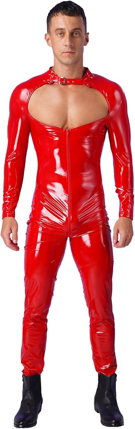 Men's Wet Look PVC Leather Front Zipper Long Sleeves Catsuit Bodysuit Jumpsuit Clubwear
