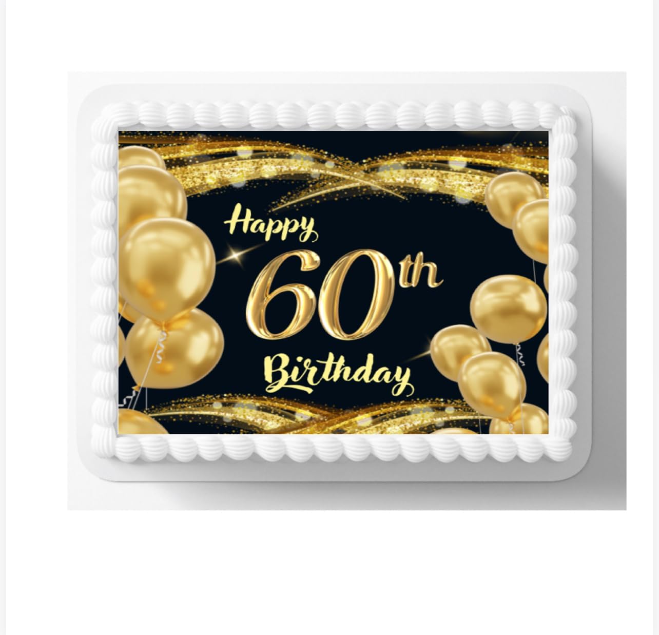 Happy 60th Birthday Edible Cake Topper, Black and Gold Glamorous Design, Icing Sheet for Cake Decoration