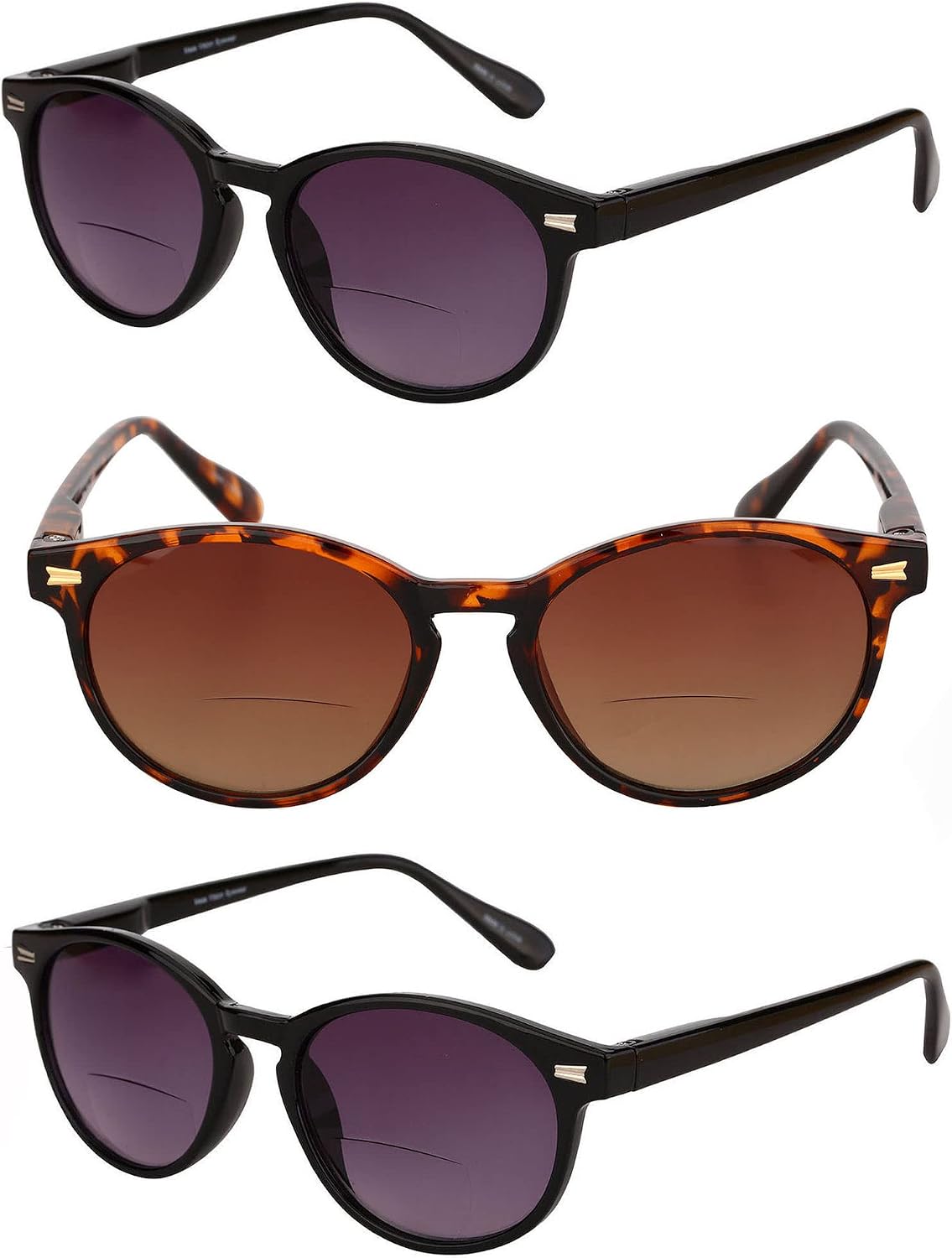 Mass Vision (3 Pack) 'The Brilliance' Round Frame Unisex Bifocal Reader Sunglasses with Maximum UV Protection & Spring Hinges