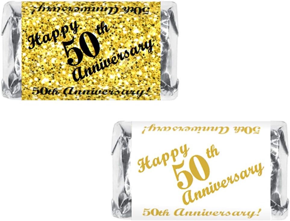 50th Anniversary Miniatures Candy Bar Wrapper, (Set of 60) Mini Candy Chocolate Bar Stickers; Gold and White, Candy Not Included. Made in USA
