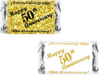 50th Anniversary Miniatures Candy Bar Wrapper, (Set of 60) Mini Candy Chocolate Bar Stickers; Gold and White, Candy Not Included. Made in USA