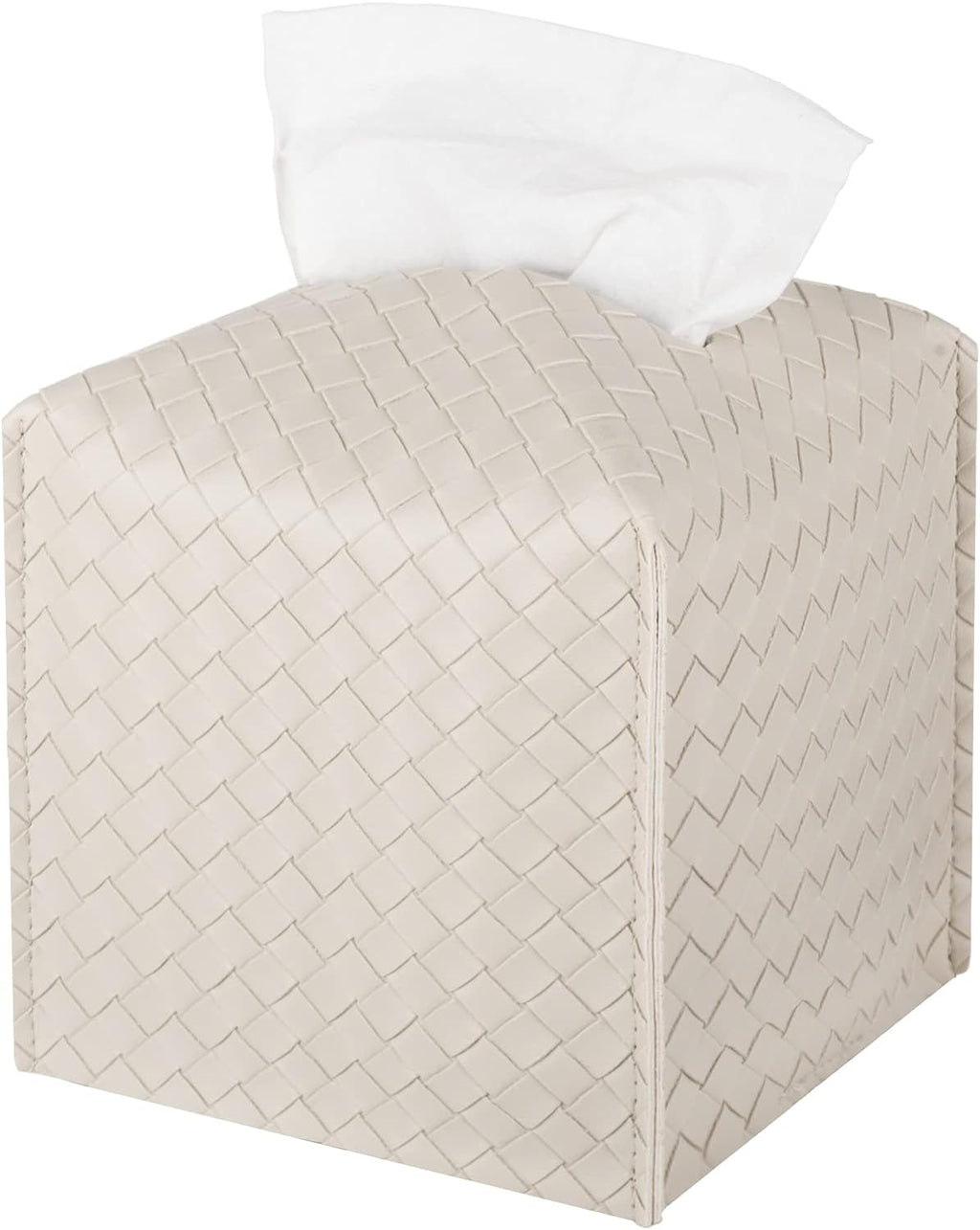 Tissue Box Cover PU Leather Tissue Holder Square Facial Tissue Case Facial Paper Organizer Dispenser for Bathroom, Vanity Countertop, Tabletop, Car, Griege