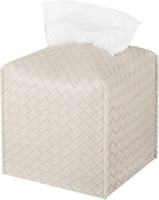Tissue Box Cover PU Leather Tissue Holder Square Facial Tissue Case Facial Paper Organizer Dispenser for Bathroom, Vanity Countertop, Tabletop, Car, Griege