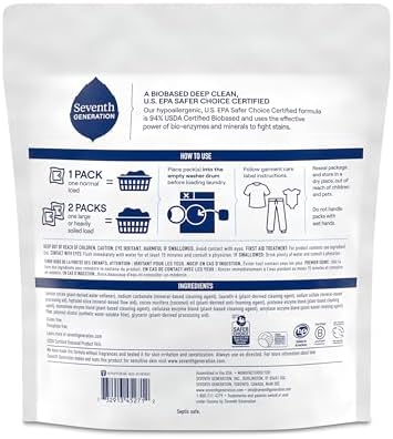 Seventh Generation Laundry Detergent Packs, Free & Clear, Made for Sensitive Skin, EPA Safer Choice Certified, 64 Count
