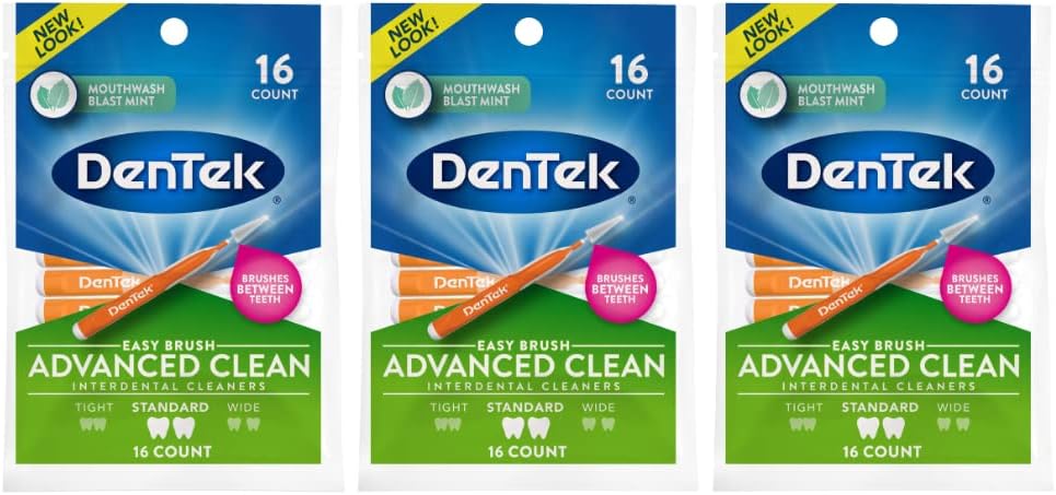 DenTek Easy Brush Interdental Cleaners, Standard Between Teeth Brushes, Plaque Control, Dental Picks for Oral Care, 16 Count (Pack of 3)
