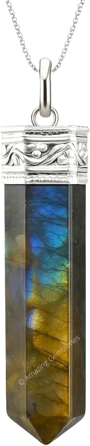 Amazing Gemstone Labradorite Crystal Pencil Point Pendant Necklace with Adjustable Cord - Natural Healing Crystals and Stones for Men, Women