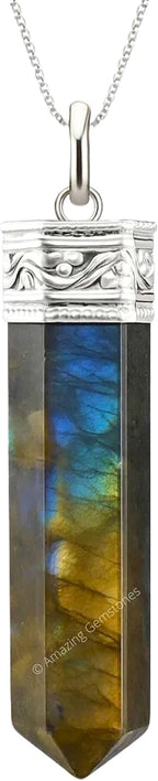 Amazing Gemstone Labradorite Crystal Pencil Point Pendant Necklace with Adjustable Cord - Natural Healing Crystals and Stones for Men, Women