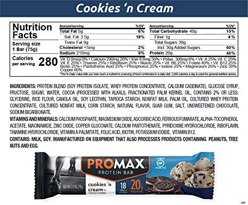 Promax Protein Bar, Cookies 'n Cream, 20g High Protein, Gluten Free, 12 Count
