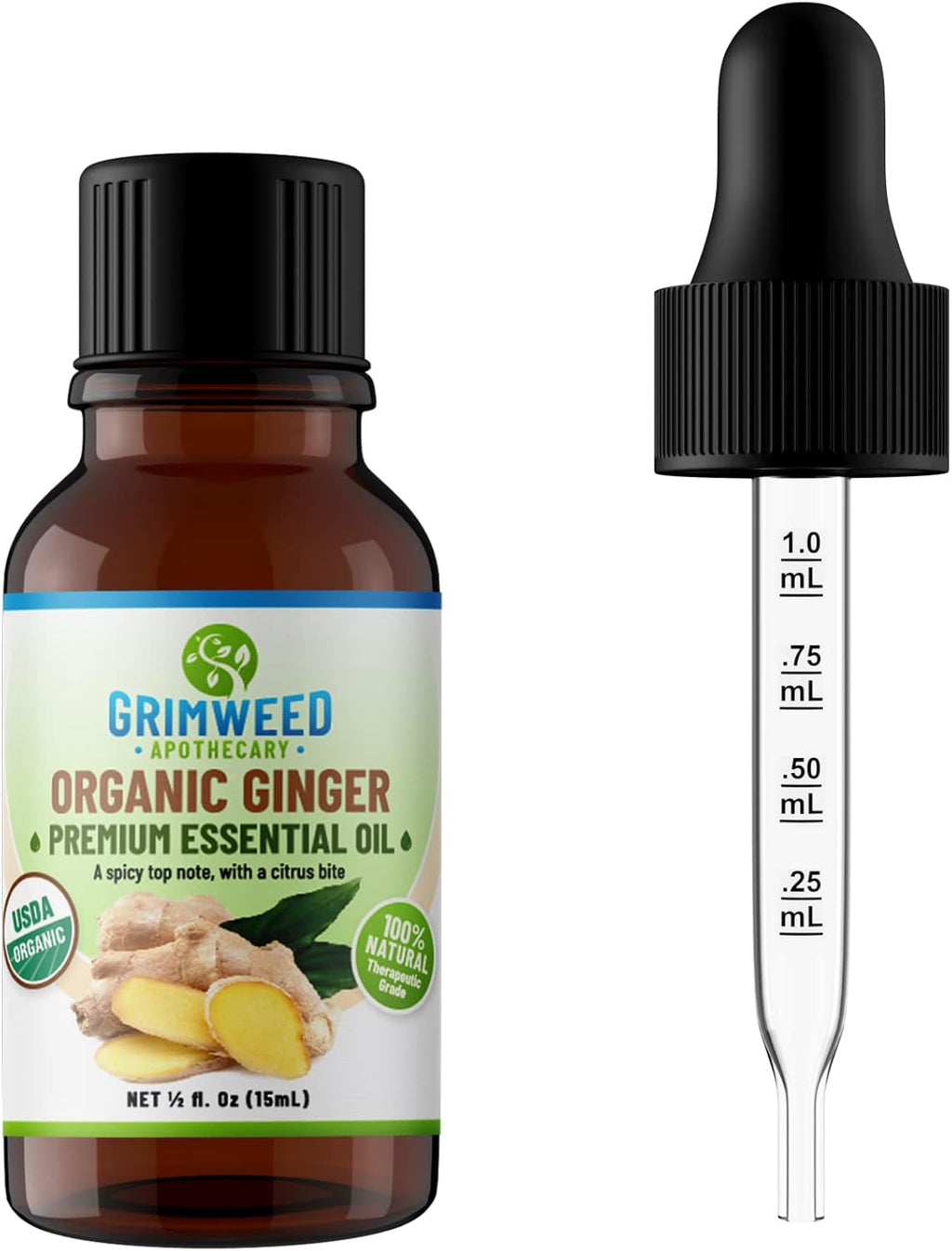 Ginger Essential Oil – USDA Organic -15mL - Therapeutic Grade- Diffuser Oil - 100% All Natural - with Glass Dropper, Grimweed Apothecary