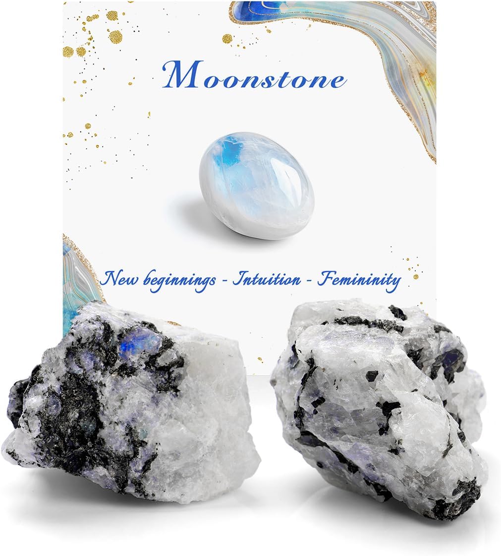 Moonstone Natural Raw Crystals 2PCS Healing Crystal Stones 1.2-2.0” Reiki Healing Gemstones for Meditation Chakra Balance Home Decor