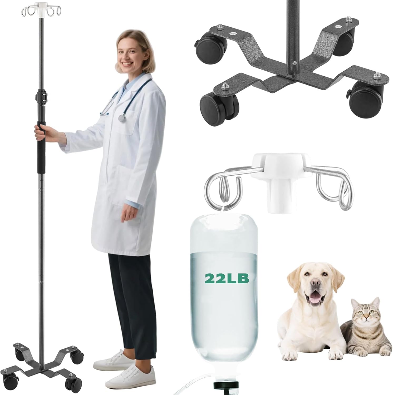 IV Pole with Wheels,47 to 100In Telescopic Infusion Stand Floor with 4 Hooks IV Bag Holder Stand Portable Feeding Pump Stand Frosted Pipe Extension Pole IV Influsion Pole (Gray)