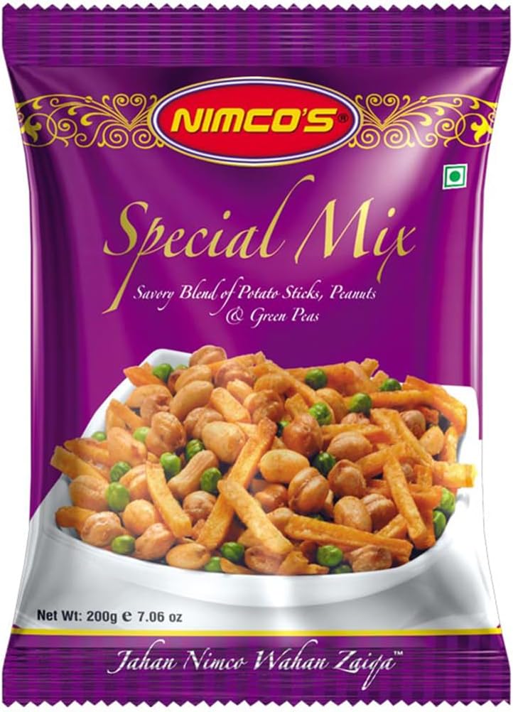 Nimco's Special Mix Snack, Pakistani Style Savory Blend with Peanuts, Chickpeas, Potato Sticks, Green Peas, Vegetarian, Halal, 7.06 oz (200g) (4 count, Nimco's Special Mix)