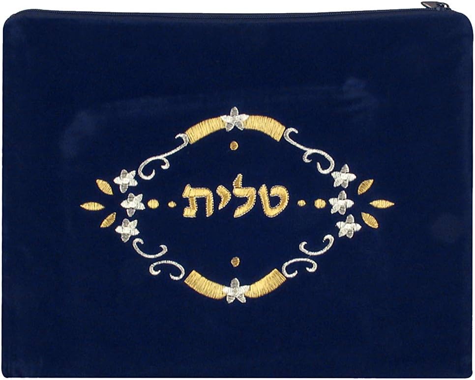 Dark Blue Velvet Tallit Bag Flower Design with Protective Plastic Bag
