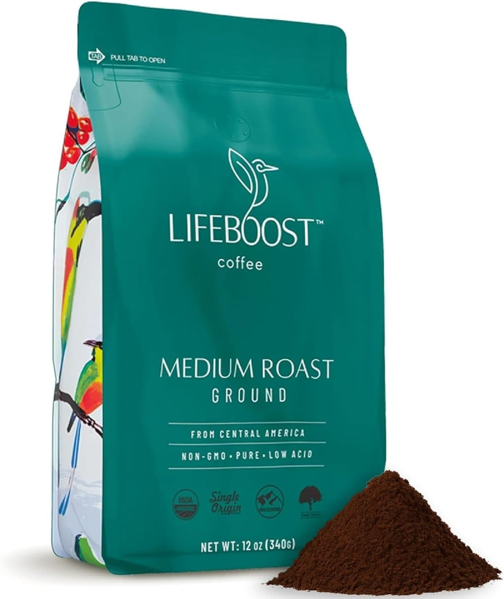 Lifeboost Coffee Ground Medium Roast Coffee - Low Acid Single Origin USDA Organic Coffee - Non-GMO Ground Coffee Third Party Tested For Mycotoxins & Pesticides - 12 Ounces
