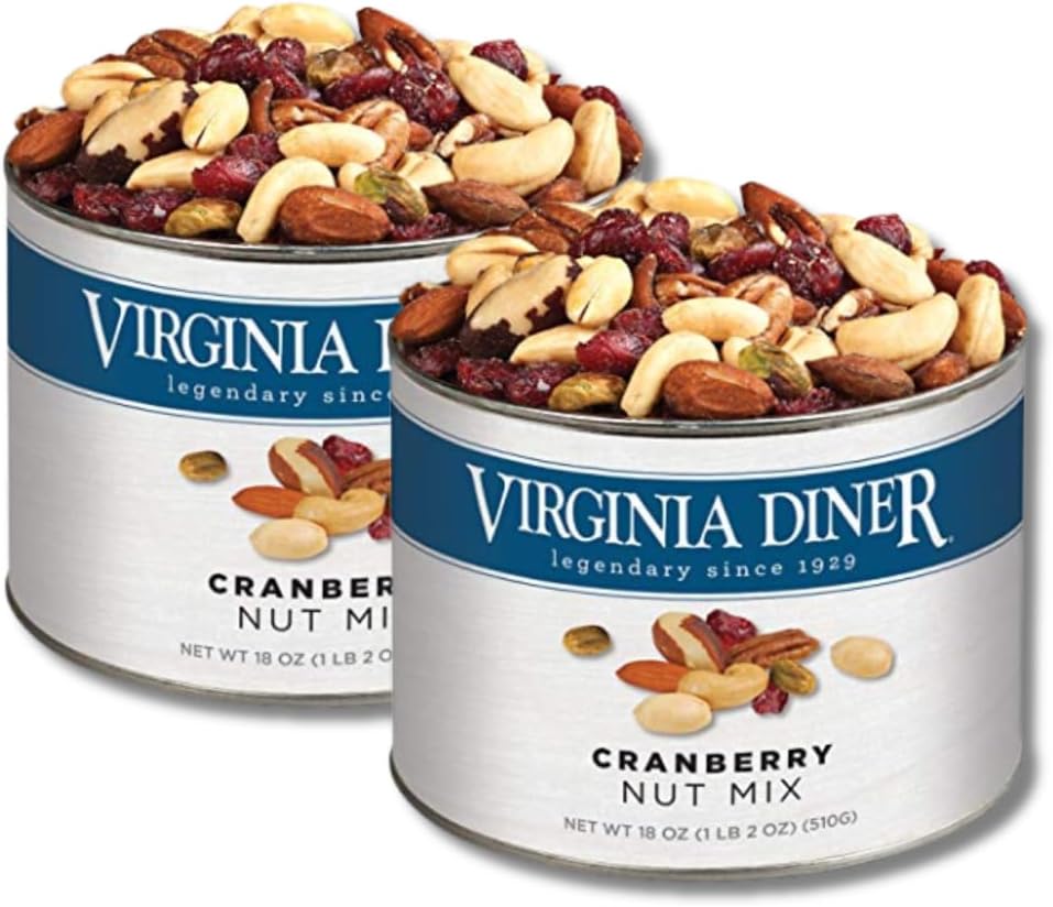 Virginia Diner Peanuts - Cranberry Nut Mix - Gift Pack of 2, 18oz. Resealable Cans By Lyza's Sweets & Treats