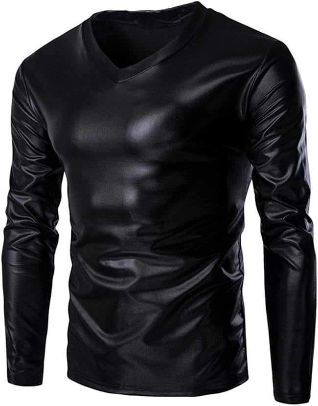 Mens Faux Leather Metallic Shirts Shiny Wet Look Long Sleeve T-Shirt Patent Leather Hip Hop Nightclub Party Tops