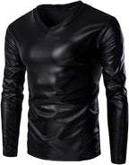 Mens Faux Leather Metallic Shirts Shiny Wet Look Long Sleeve T-Shirt Patent Leather Hip Hop Nightclub Party Tops