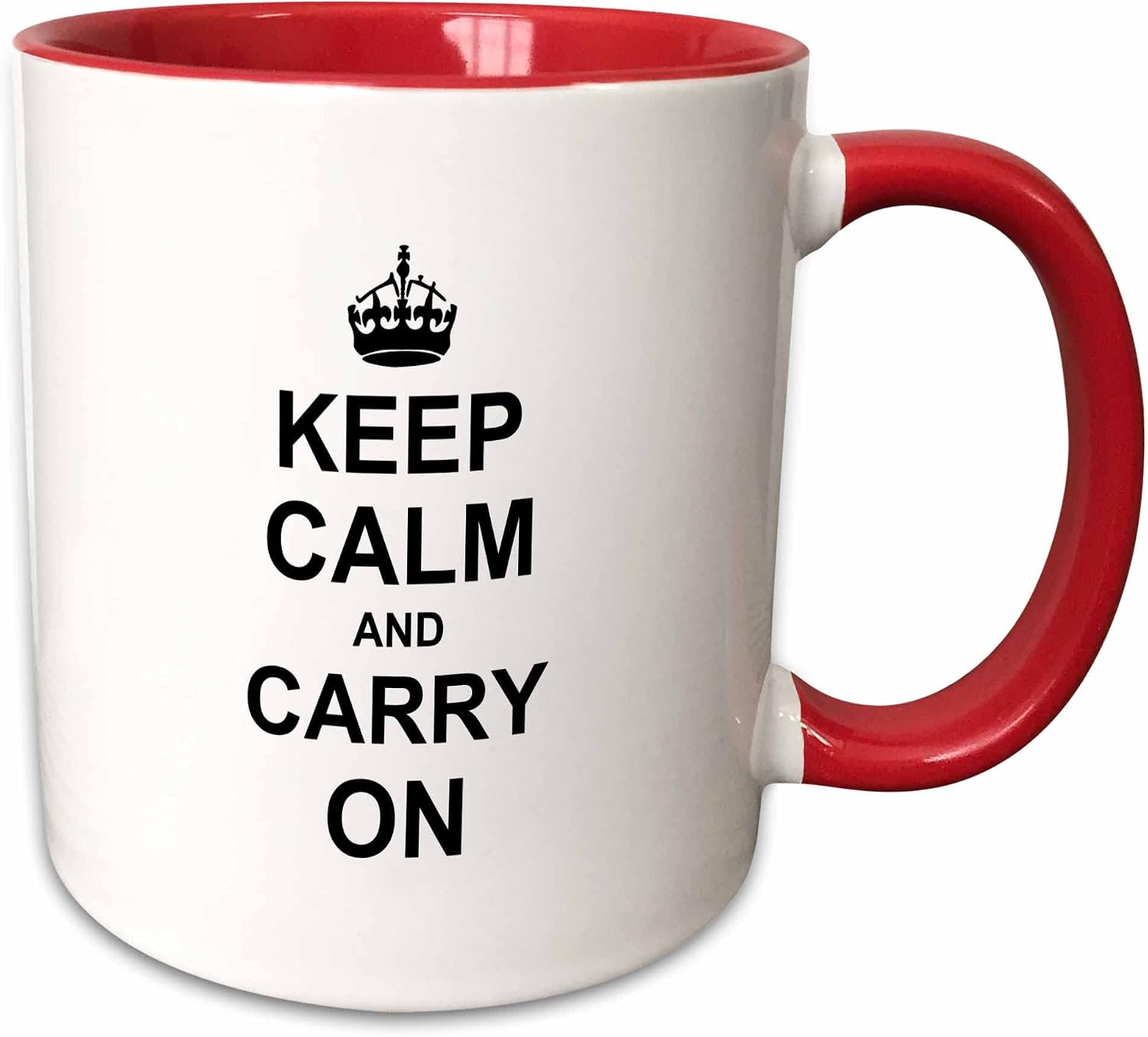 3dRose Keep Calm and Carry On - black text on white - with crown - motivational fun reminder funny humor 15oz Two-Tone Red Mug
