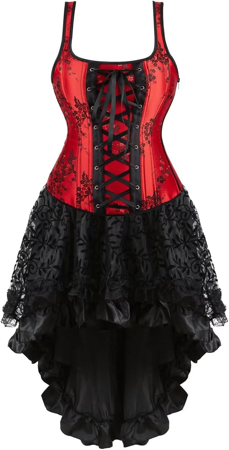 Jutrisujo Corsets for Women Bustiers Overbust Dress Top Skirt Set Halter Zipper Brocade Floral Plus Size Black