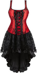 Jutrisujo Corsets for Women Bustiers Overbust Dress Top Skirt Set Halter Zipper Brocade Floral Plus Size Black