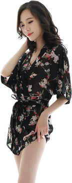 Womens Japanese Kimono Costumes Lingerie Sexy Floral Robe Deep V Nightgown Chiffon Bathrobe Transparent Printing