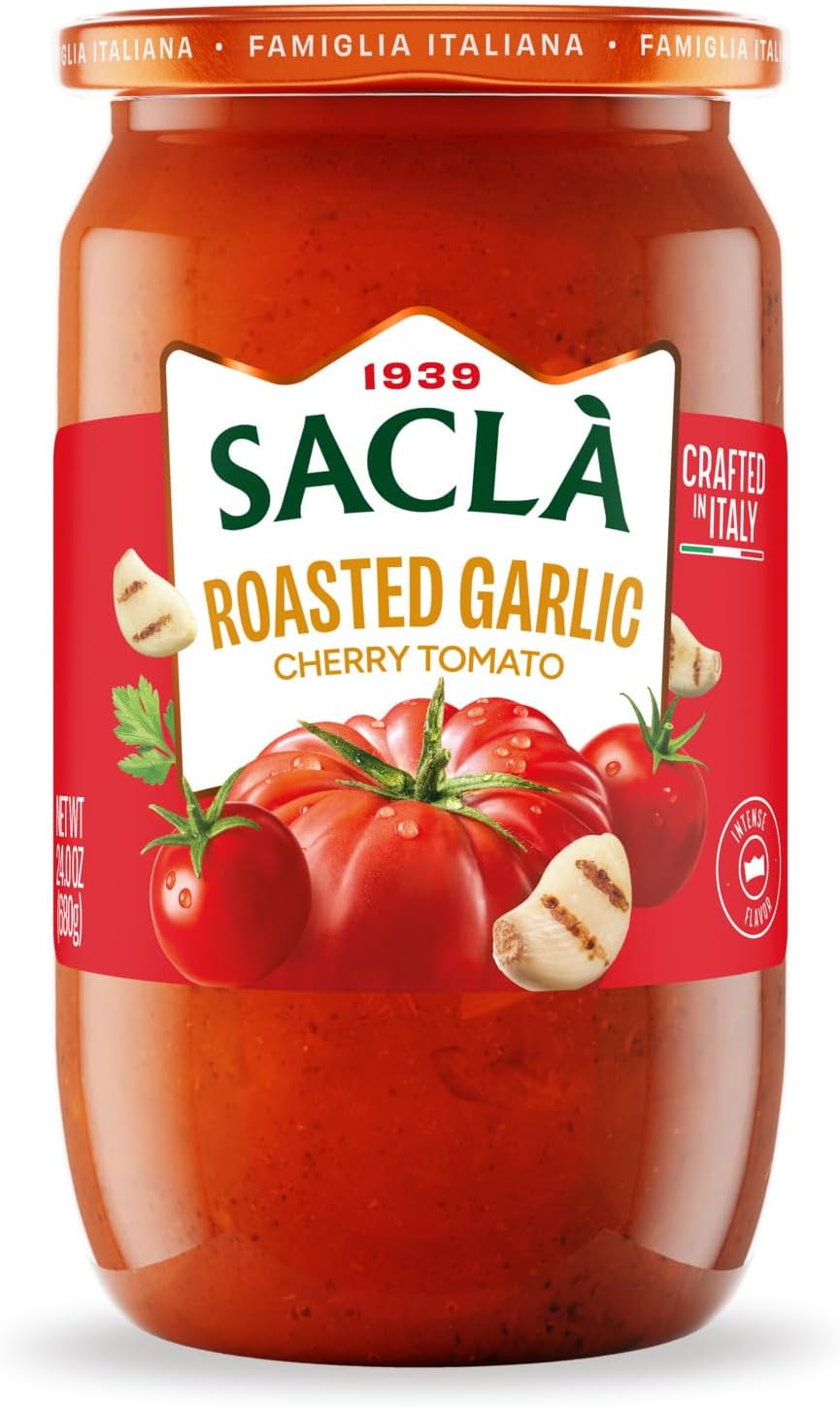 SACLA Cherry Tomato & Roasted Garlic Pasta Sauce with No Added Sugar | 100% Italian Grown Tomatoes with Slow Roasted Garlic | 24 oz Glass Jar | Imported from Italy | Non-GMO Authentic Italian Sauce