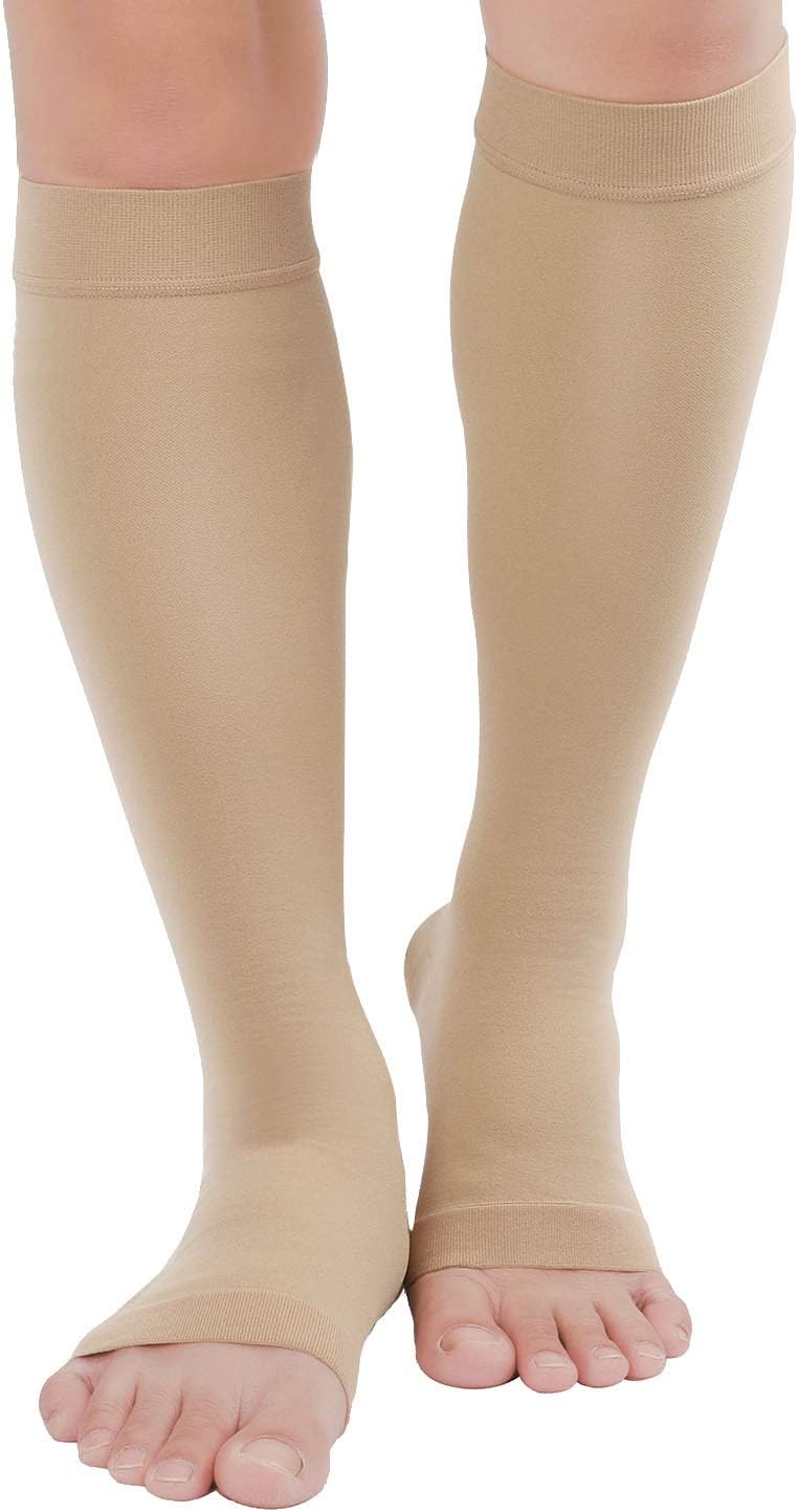 TOFLY 20-30mmHg Open Toe Compression Socks for Women & Men– Portable Compression Stockings for Varicose Veins, Edema, Shin Splints, Nurses & Pregnant Relief Travel, Beige XL