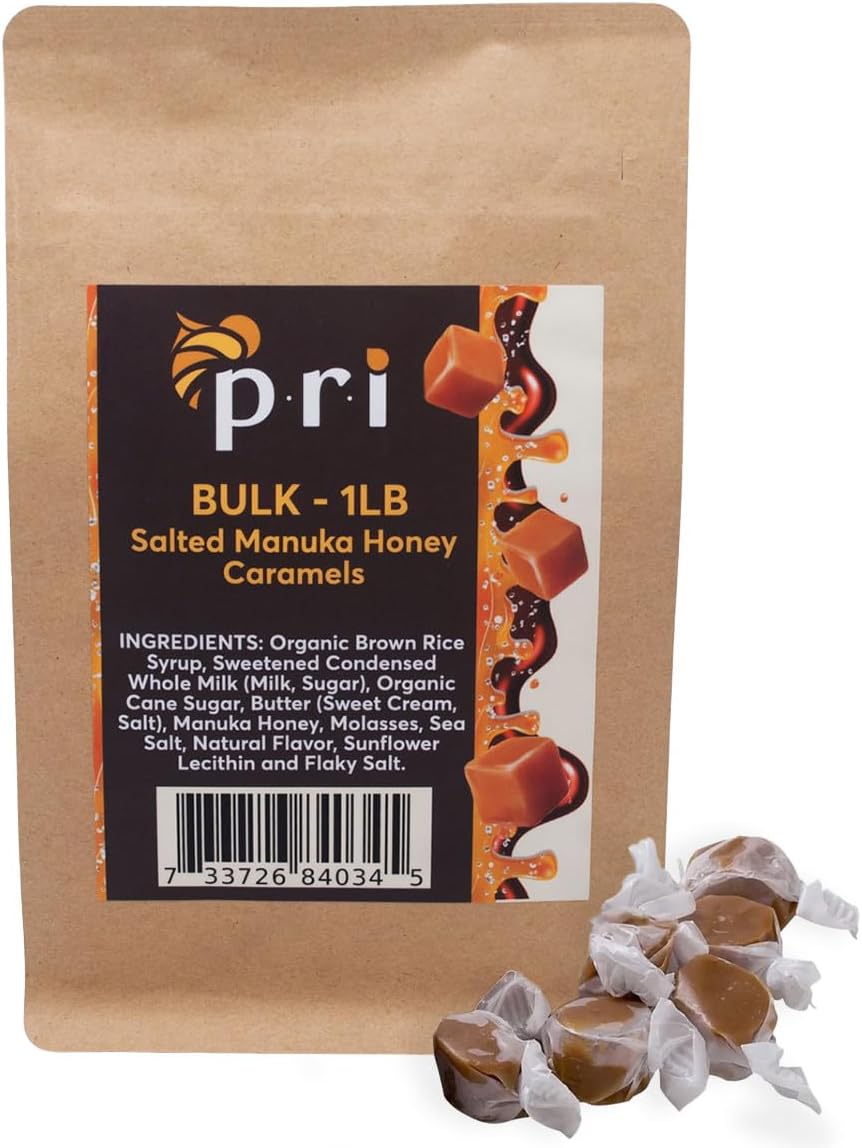 P.R.I Manuka Honey Salted Caramels – 1 lb Bulk Bag – Soft Chewy Caramels Made with New Zealand Manuka Honey & Sea Salt – Clean‑Label, No Corn Syrup, Gluten‑Free, Value Size Sharing Bag