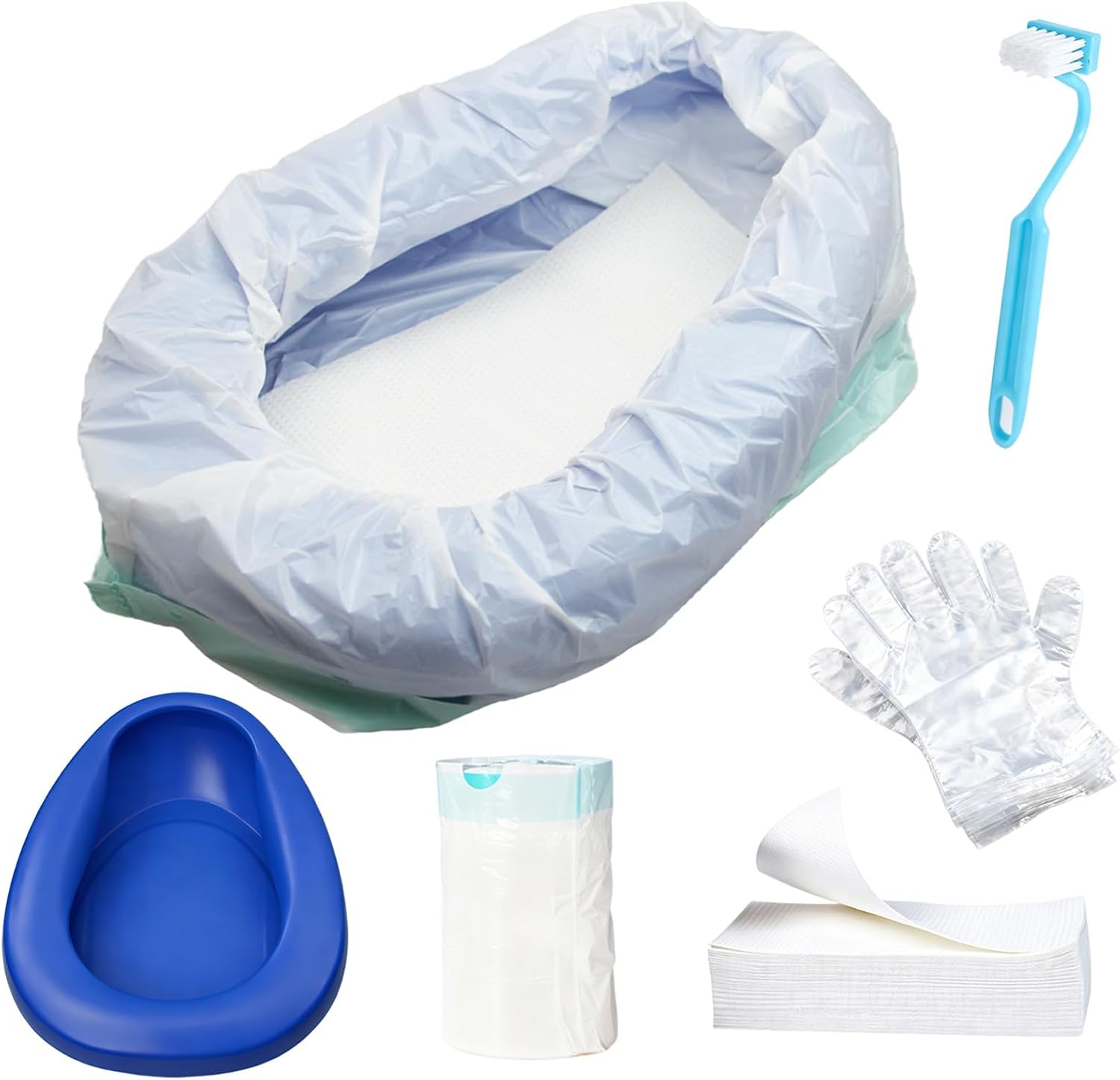 Bed Pan Set with 30 Disposable Liners, 30 Absorbent Pads, 80 Gloves and a Cleaning Brush – Durable Bed Pan for Women, Bed Pans for Elderly Men – Comfortable Bedpans for Home Use