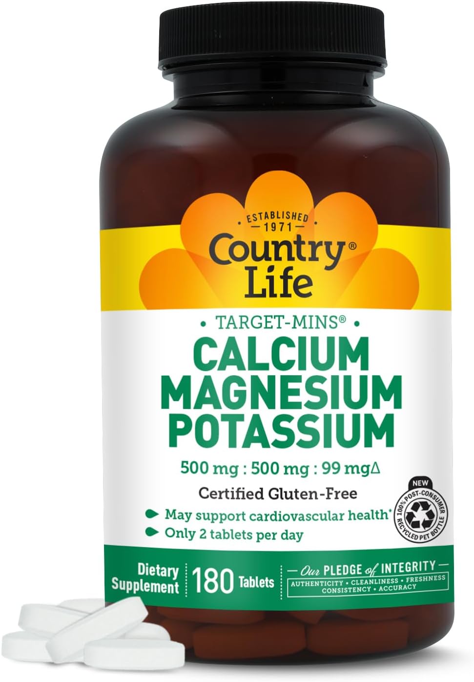Country Life Target Mins - Calcium Magnesium Potassium Bone & Heart Health Supplement, 1000mg Calcium, 500mg Magnesium, Supports Calcium Utilization, 180 Tablets – Certified Gluten Free & Vegan