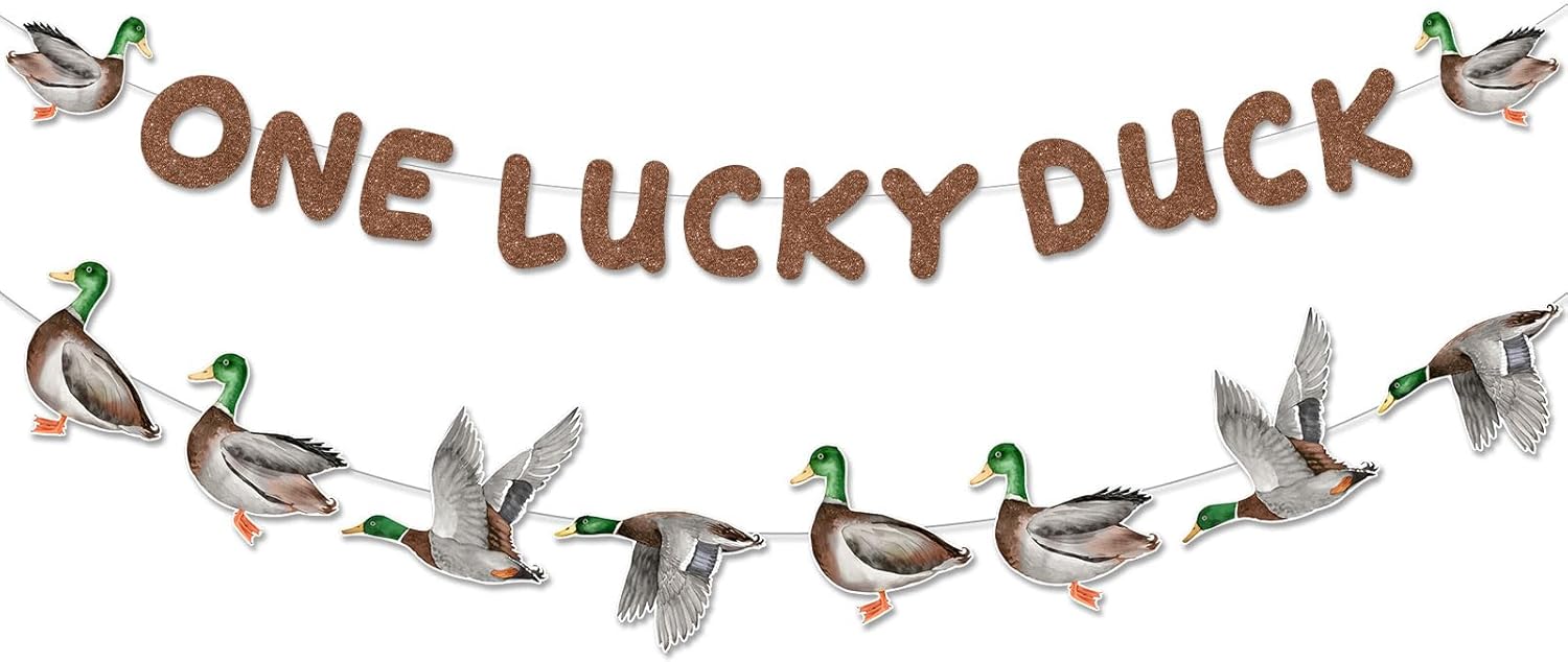 Sursurprise Duck Hunting First Birthday Decorations, One Lucky Duck Banner Mallard Garland for Boys 1st Birthday Party Supplies
